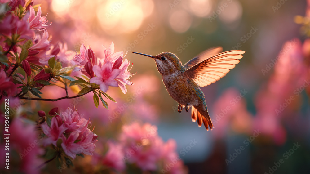 Obraz premium hummingbird flying near blooming pink flowers, glowing sunset sun in background