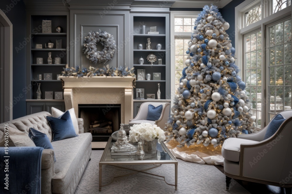Fototapeta premium Elegant living room featuring a decorated christmas tree and fireplace mantel in a festive home interior