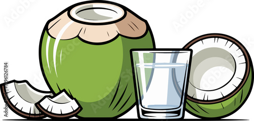 Coconut Water in Glass with Whole Green Nut Illustration