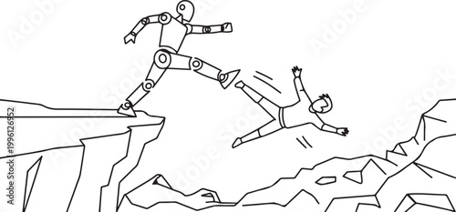 Single one line drawing robot kick throw colleague off cliff or hill. Eliminate rival coworker. Rivalry and competition. one line Icon drawing
