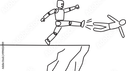 Single one line drawing robot kick throw colleague off cliff or hill. Eliminate rival coworker. Rivalry and competition. one line Icon drawing