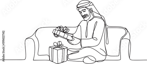 Single one line drawing an arab man sitting on the sofa while opening a gift box. Exchanging gifts fosters feelings of affection. one line Icon drawing