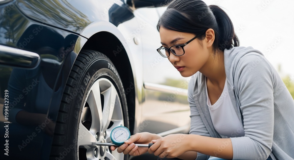Fototapeta premium Young Asian woman wearing glasses checking car tire pressure using man