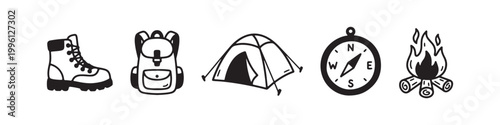 Vector icons of outdoor hiking equipment in a clean bold outline style: a campfire with logs, a trekking boot, a compass, a dome tent, and a travel backpack.