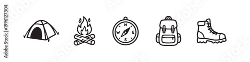 Vector icons of outdoor hiking equipment in a clean bold outline style: a campfire with logs, a trekking boot, a compass, a dome tent, and a travel backpack.