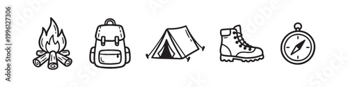 Vector icons of outdoor hiking equipment in a clean bold outline style: a campfire with logs, a trekking boot, a compass, a dome tent, and a travel backpack.