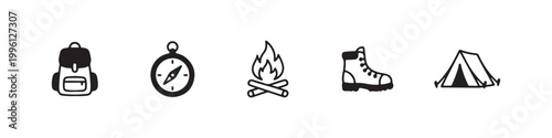Vector icons of outdoor hiking equipment in a clean bold outline style: a campfire with logs, a trekking boot, a compass, a dome tent, and a travel backpack.