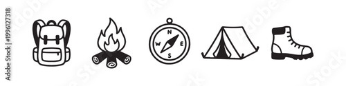 Vector icons of outdoor hiking equipment in a clean bold outline style: a campfire with logs, a trekking boot, a compass, a dome tent, and a travel backpack.