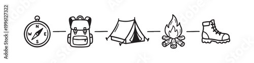 Vector icons of outdoor hiking equipment in a clean bold outline style: a campfire with logs, a trekking boot, a compass, a dome tent, and a travel backpack.