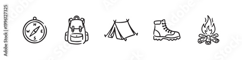 Vector icons of outdoor hiking equipment in a clean bold outline style: a campfire with logs, a trekking boot, a compass, a dome tent, and a travel backpack.
