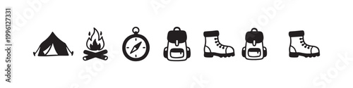 Vector icons of outdoor hiking equipment in a clean bold outline style: a campfire with logs, a trekking boot, a compass, a dome tent, and a travel backpack.