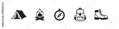 Vector icons of outdoor hiking equipment in a clean bold outline style: a campfire with logs, a trekking boot, a compass, a dome tent, and a travel backpack.