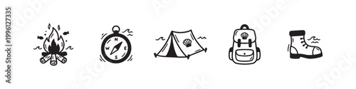 Vector icons of outdoor hiking equipment in a clean bold outline style: a campfire with logs, a trekking boot, a compass, a dome tent, and a travel backpack.