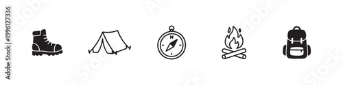 Vector icons of outdoor hiking equipment in a clean bold outline style: a campfire with logs, a trekking boot, a compass, a dome tent, and a travel backpack.