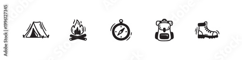 Vector icons of outdoor hiking equipment in a clean bold outline style: a campfire with logs, a trekking boot, a compass, a dome tent, and a travel backpack.
