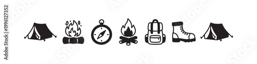 Vector icons of outdoor hiking equipment in a clean bold outline style: a campfire with logs, a trekking boot, a compass, a dome tent, and a travel backpack.