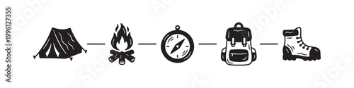 Vector icons of outdoor hiking equipment in a clean bold outline style: a campfire with logs, a trekking boot, a compass, a dome tent, and a travel backpack.