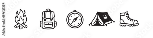 Vector icons of outdoor hiking equipment in a clean bold outline style: a campfire with logs, a trekking boot, a compass, a dome tent, and a travel backpack.