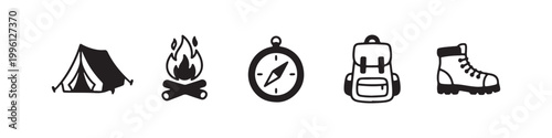 Vector icons of outdoor hiking equipment in a clean bold outline style: a campfire with logs, a trekking boot, a compass, a dome tent, and a travel backpack.
