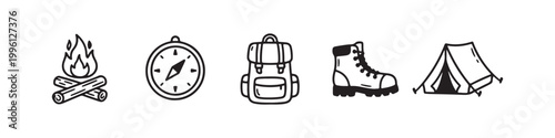 Vector icons of outdoor hiking equipment in a clean bold outline style: a campfire with logs, a trekking boot, a compass, a dome tent, and a travel backpack.