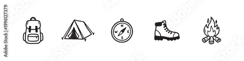 Vector icons of outdoor hiking equipment in a clean bold outline style: a campfire with logs, a trekking boot, a compass, a dome tent, and a travel backpack.