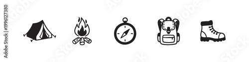 Vector icons of outdoor hiking equipment in a clean bold outline style: a campfire with logs, a trekking boot, a compass, a dome tent, and a travel backpack.