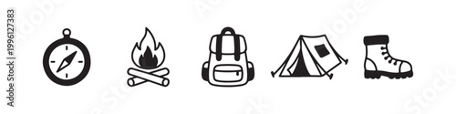 Vector icons of outdoor hiking equipment in a clean bold outline style: a campfire with logs, a trekking boot, a compass, a dome tent, and a travel backpack.
