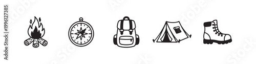 Vector icons of outdoor hiking equipment in a clean bold outline style: a campfire with logs, a trekking boot, a compass, a dome tent, and a travel backpack.
