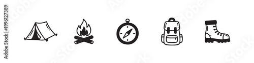 Vector icons of outdoor hiking equipment in a clean bold outline style: a campfire with logs, a trekking boot, a compass, a dome tent, and a travel backpack.