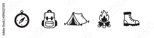Vector icons of outdoor hiking equipment in a clean bold outline style: a campfire with logs, a trekking boot, a compass, a dome tent, and a travel backpack.