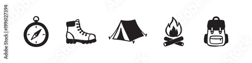 Vector icons of outdoor hiking equipment in a clean bold outline style: a campfire with logs, a trekking boot, a compass, a dome tent, and a travel backpack.