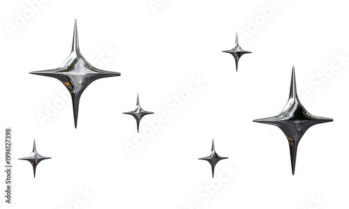 Chrome 3D Star Sparkles, Y2K Aesthetic Metallic Design Elements