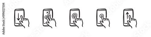 Vector icons of touch screen gestures including scrolling, tapping, clicking, and swiping in clean line and solid silhouette styles. Ideal for UI/UX mobile app guides.