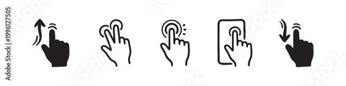 Vector icons of touch screen gestures including scrolling, tapping, clicking, and swiping in clean line and solid silhouette styles. Ideal for UI/UX mobile app guides.