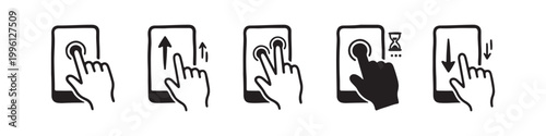 Vector icons of touch screen gestures including scrolling, tapping, clicking, and swiping in clean line and solid silhouette styles. Ideal for UI/UX mobile app guides.