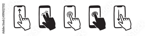 Vector icons of touch screen gestures including scrolling, tapping, clicking, and swiping in clean line and solid silhouette styles. Ideal for UI/UX mobile app guides.