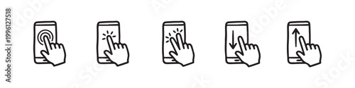 Vector icons of touch screen gestures including scrolling, tapping, clicking, and swiping in clean line and solid silhouette styles. Ideal for UI/UX mobile app guides.