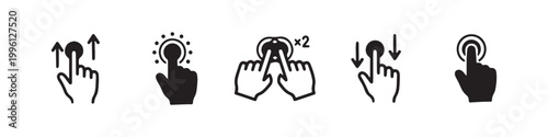 Vector icons of touch screen gestures including scrolling, tapping, clicking, and swiping in clean line and solid silhouette styles. Ideal for UI/UX mobile app guides.