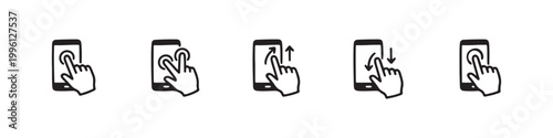 Vector icons of touch screen gestures including scrolling, tapping, clicking, and swiping in clean line and solid silhouette styles. Ideal for UI/UX mobile app guides.