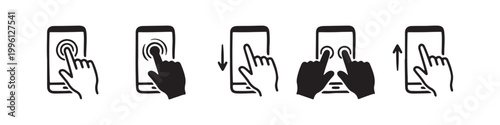 Vector icons of touch screen gestures including scrolling, tapping, clicking, and swiping in clean line and solid silhouette styles. Ideal for UI/UX mobile app guides.