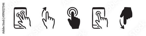 Vector icons of touch screen gestures including scrolling, tapping, clicking, and swiping in clean line and solid silhouette styles. Ideal for UI/UX mobile app guides.