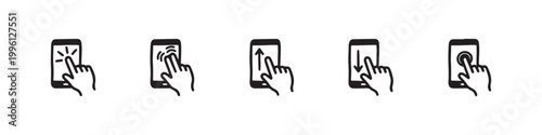 Vector icons of touch screen gestures including scrolling, tapping, clicking, and swiping in clean line and solid silhouette styles. Ideal for UI/UX mobile app guides.
