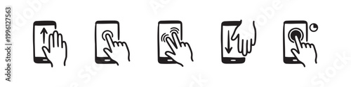 Vector icons of touch screen gestures including scrolling, tapping, clicking, and swiping in clean line and solid silhouette styles. Ideal for UI/UX mobile app guides.