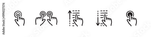 Vector icons of touch screen gestures including scrolling, tapping, clicking, and swiping in clean line and solid silhouette styles. Ideal for UI/UX mobile app guides.