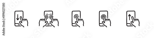 Vector icons of touch screen gestures including scrolling, tapping, clicking, and swiping in clean line and solid silhouette styles. Ideal for UI/UX mobile app guides.