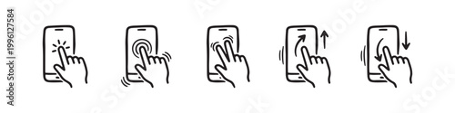 Vector icons of touch screen gestures including scrolling, tapping, clicking, and swiping in clean line and solid silhouette styles. Ideal for UI/UX mobile app guides.