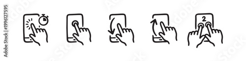 Vector icons of touch screen gestures including scrolling, tapping, clicking, and swiping in clean line and solid silhouette styles. Ideal for UI/UX mobile app guides.