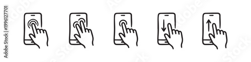 Vector icons of touch screen gestures including scrolling, tapping, clicking, and swiping in clean line and solid silhouette styles. Ideal for UI/UX mobile app guides.