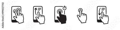 Vector icons of touch screen gestures including scrolling, tapping, clicking, and swiping in clean line and solid silhouette styles. Ideal for UI/UX mobile app guides.