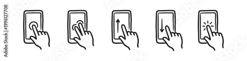 Vector icons of touch screen gestures including scrolling, tapping, clicking, and swiping in clean line and solid silhouette styles. Ideal for UI/UX mobile app guides.